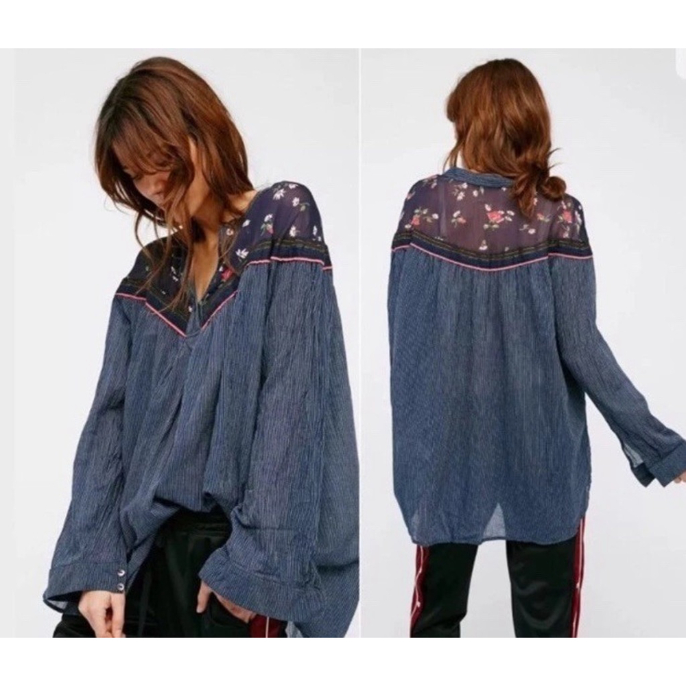 Free People Hearts and Colors Tunic Top Blue M Striped Sheer Floral